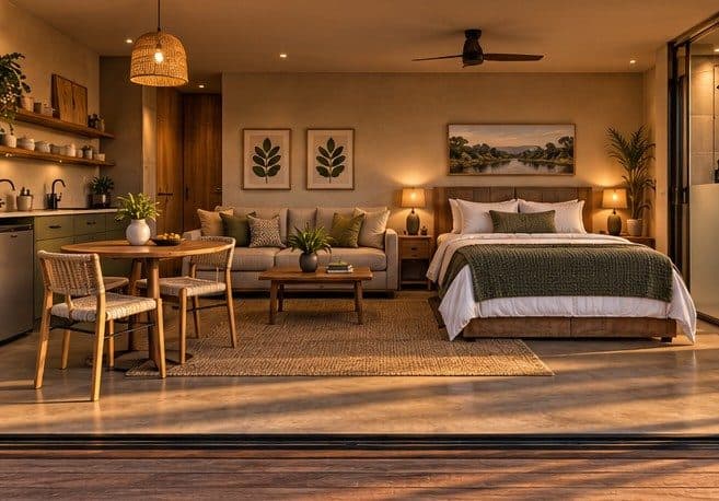 Compact kitchenette and lounge