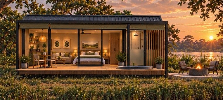 River-facing front and hot tub