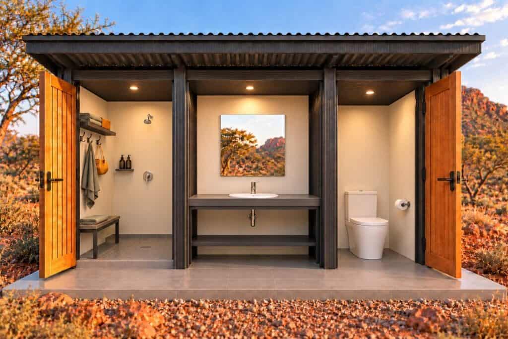 Camp Bathroom Unit with timber doors and covered front apron