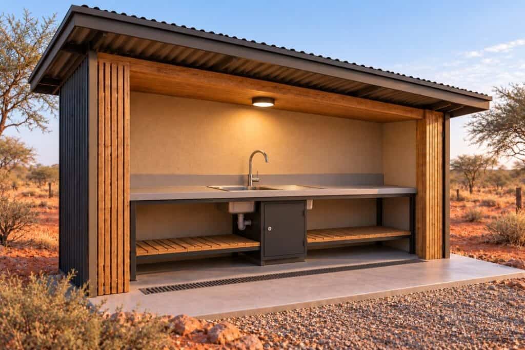 Covered rear dishwashing station
